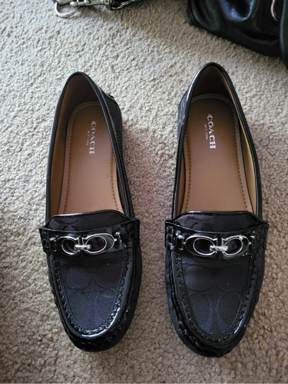 Coach Black Signature Logo Loafers with Silver Buckle